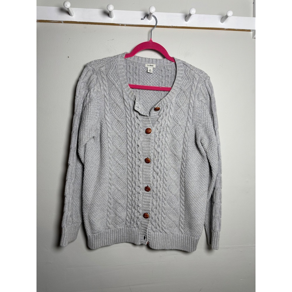 LL Bean Womens XL Gray Cotton Cable Knit Button Front Cardigan Sweater